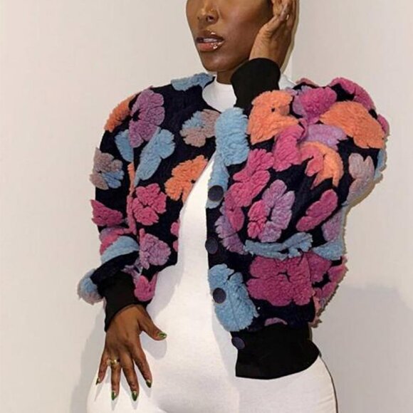 Women's Rose Opcakm Cropped Floral Shacket Sleeve Bomber Style Outerwear Jacket - Picture 2 of 7